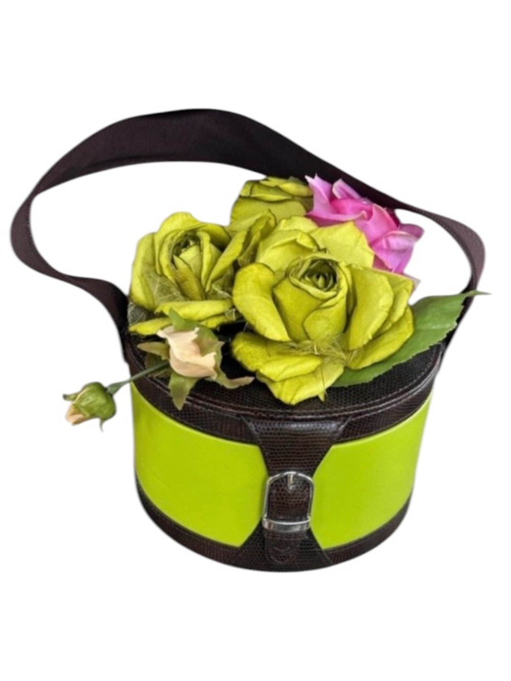 Chartreuse Green Brown and Pink Silk Roses Hat Box Purse